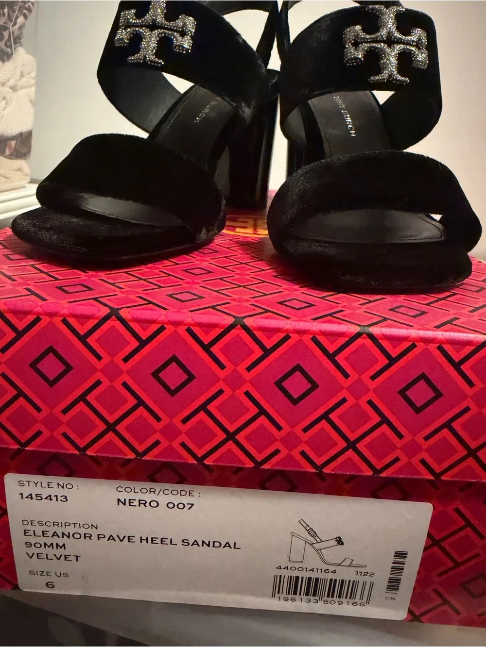 Tory Burch Black Velvet Sandals with Crystal Logo